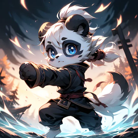 chinese fantasy, splash art,((martial)), by Rumiko Takahashi, best quality, masterpiece, solo, chibi, cinematic lighting, cute chibi girl panda kung fu training, battle stance, near lake, big eyes, lake and forest background, wearing medieval clothes, half closed eyes, slender, insane details, fluffy fur,cutting edge 