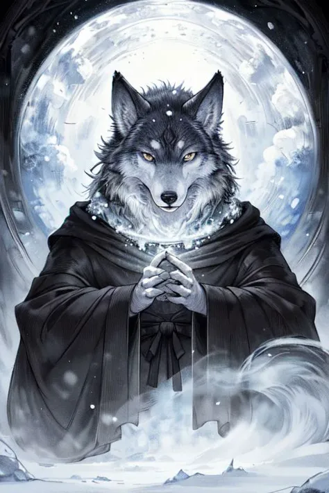 Yoshitaka Amano, 1man, 8k portrait of a wolf anthro, wolf furry, arctic fur as white as snow, mage, black robes, intricate, highly detailed, digital painting, smooth, sharp focus, illustration, ((masterpiece))