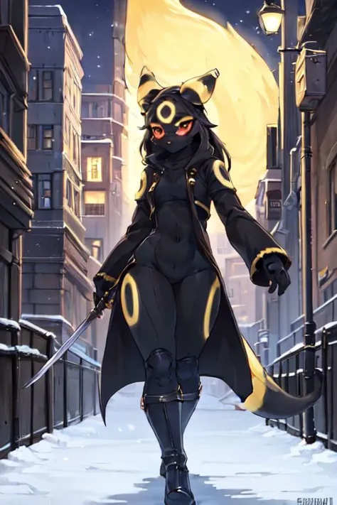 Umbreon, (umbreon, umbreon ears, umbreon tail, umbreon snout), 1girl, furry female, facial mark, cat ears, animal nose, one tail , elhattire, strap, fur trim, black pants, black boots, earrings, ((sleeves, black sleeves, yellow trim, long sleeves)), red eyes, ((long hair, black hair)), ((bodysuit, black bodysuit, yellow trim)), ite body, thin legs, small breasts, dark fur, gloves, ((coat, longcoat, black coat)), superhero mask, black mask, katana, holding katana, long katana, city, night time, winter, samusaran