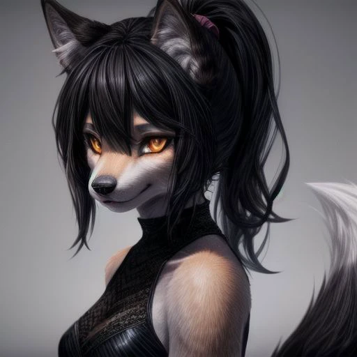 4k, 8k, anthro, anthro wolf, anthro wolf girl, wolf_ears, orange_eyes, fair_skin, black_dress, black_hair, ponytail, digital art, masterpiece, portrait