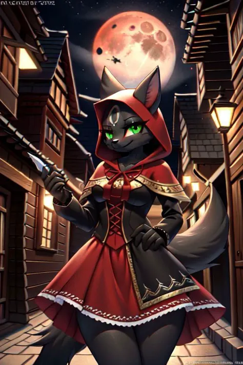 (furry:1.2), (body fur:1.2), (detailed fur:1.2), beautiful lights and shadows, focus on upper body, female, holding dagger, umbreon face, black cat ears, long black hair, green eyes, smirk, small breasts, fluffy cat tail, look at viewer, red riding hood outfit, red skirt, medieval street, night, big red moon