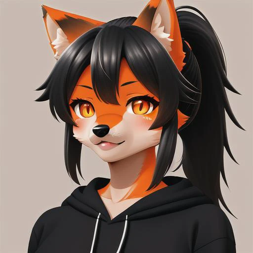 4k, 8k, anthro, anthro wolf, anthro wolf girl, wolf_ears, orange_eyes, fair_skin, black_hoodie, black_hair, ponytail, digital art, masterpiece, portrait, kemono