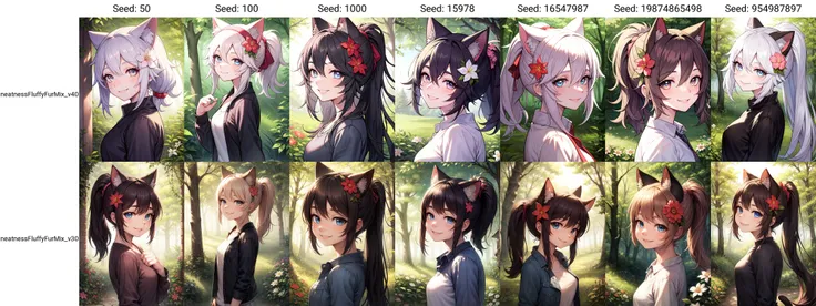 (grainy:0.7), (detailed:0.5), natural lighting, evening,
BREAK
girl, cat ears, smiling,amused, detailed eyes, detailed hair, detailed face, from side, messy medium hair, ponytail, flower hair accessory, (fully clothed:1.2),
BREAK
forest background,