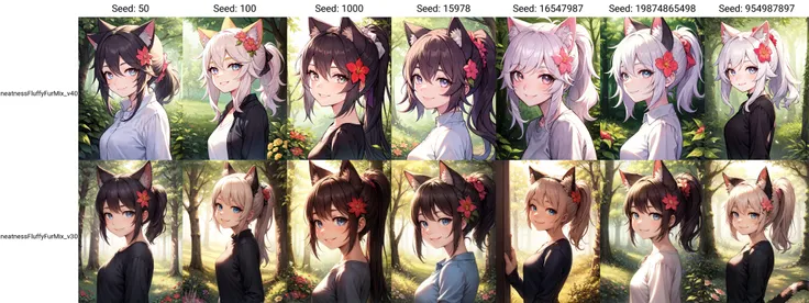 (grainy:0.7), (detailed:0.5), natural lighting, evening,
BREAK
girl, cat ears, smiling,amused, detailed eyes, detailed hair, detailed face, from side, messy medium hair, ponytail, flower hair accessory, (fully clothed:1.2),
BREAK
forest background,