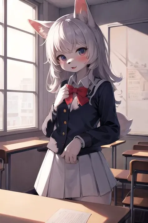 (best quality, insanely detailed illustration:1.2), 1girl, (furry:1.2), tareme, (chibi:0.8),dog girl, school uniform, serafuku, bowtie,