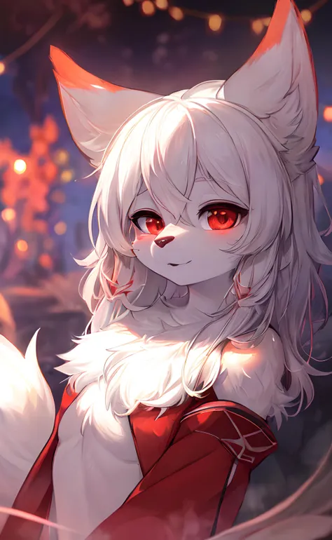 furry, white fur, ultra cute face, red elements on fur, glowing t-shrt, beautiful lights and shadows, ambient light, ultra detailed fur, volumetric light