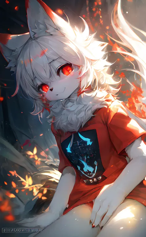 furry, white fur, ultra cute face, red elements on fur, glowing t-shrt, beautiful lights and shadows, ambient light, ultra detailed fur, volumetric light