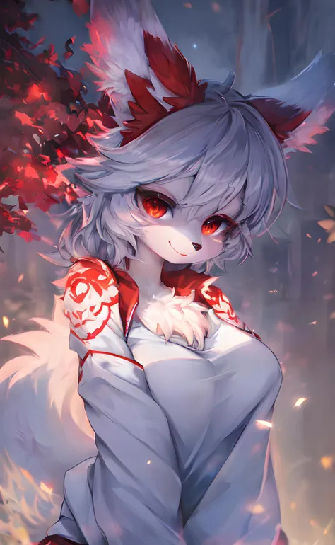 furry, white fur, ultra cute face, red elements on fur, glowing t-shrt, beautiful lights and shadows, ambient light, ultra detailed fur, volumetric light