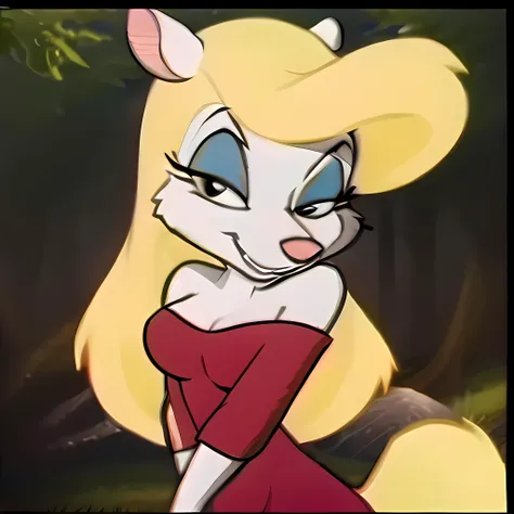 1girl, MinervaMinkCzar,(furry, furry female, full body), (animal ears, long tail, blonde tail, snout, swept bangs, blonde hair, makeup, black eyes, blue eyeshadow), (red dress, standing, seductive), (outdoors, forest background), (masterpiece:1.2), hires, (detailed face:1.2), (detailed eyes:1.2), perfect skin, ultra-high resolution, 8K, high quality, (sharp focus:1.2), clean, crisp, cinematic, <lora:Minerva_Mink:1>