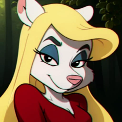 1girl, MinervaMinkCzar,(furry, furry female, full body), (animal ears, long tail, blonde tail, pink nose, snout, white fur, swept bangs, long hair, blonde hair, makeup, black eyes, black eyebrows, blue eyeshadow), (red dress), (outdoor, forest background), (masterpiece:1.2), hires, (detailed face:1.2), (detailed eyes:1.2), ultra-high resolution, 8K, high quality, (sharp focus:1.2), clean, crisp, cinematic, <lora:Minerva_Mink-v1:0.75>