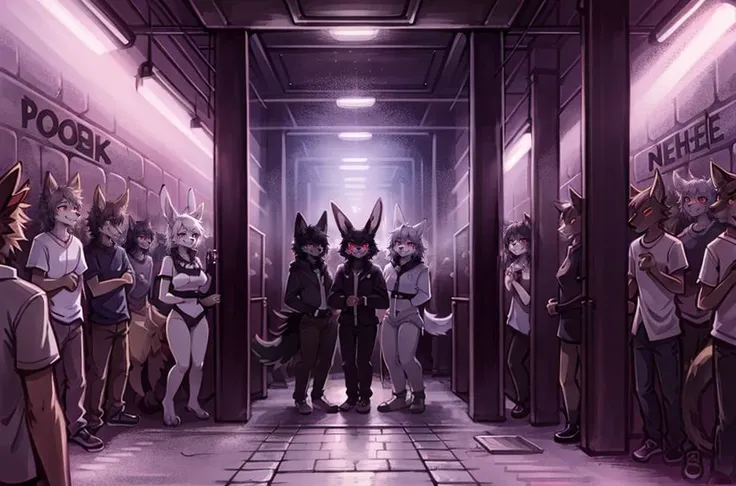 (anthro furry:1.2), multiple females, multiple males, canine, feline, lapine, cervid, nightclub, underground, crowd, vampire club, red lighting, evil grin, dungeon, graffiti, blood, chains, hooks, leather, lace, crowds, payphone, fog, (masterpiece:1.2), hires, ultra-high resolution, 8K, high quality, (sharp focus:1.2), clean, crisp, cinematic, <lora:UndergroundClub:0.5>