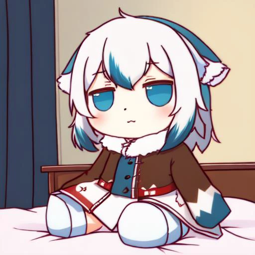 gawr gura, fumo, sitting, bed,