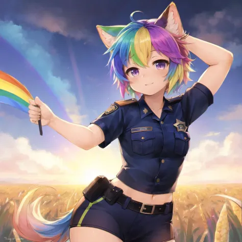 masterpiece, best quality, multicolored hair, gradient hair, gradient eyes, rainbow colors, , Beautiful Art Style, 1girl, young woman, cop costume, personal, corn maze, twirling pose, <lora:ChromaticAberration:0.5>