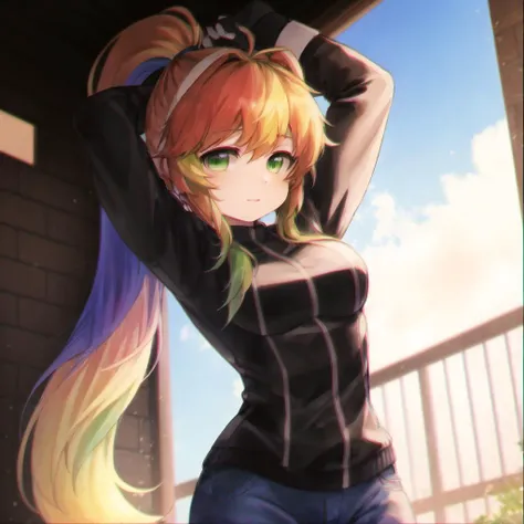 masterpiece, best quality, multicolored hair, gradient hair, gradient eyes, rainbow colors, monika, green eyes, very long hair, ponytail, <lora:ddlc:0.8>, Beautiful Art Style, 1girl, young woman, Kamen Rider, impeccable, prison, outstretched handinterlocked fingers,   <lora:ChromaticAberration:1>