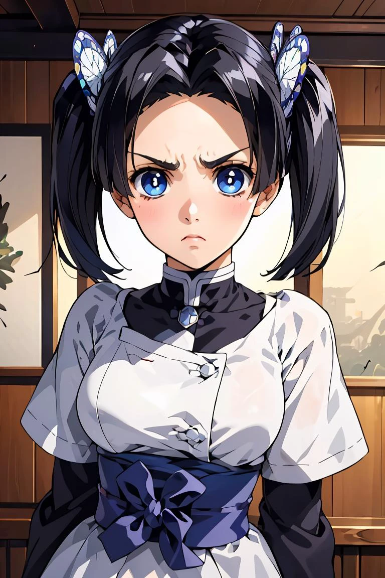 (masterpiece, best quality), 1girl, <lora:LoRA_Aoi:1> AoiDef, breasts, blush, short hair, bangs, blue eyes, black hair, hair ornament, twintails, v-shaped eyebrows, parted bangs, frown, bright pupils, white pupils, butterfly hair ornament,