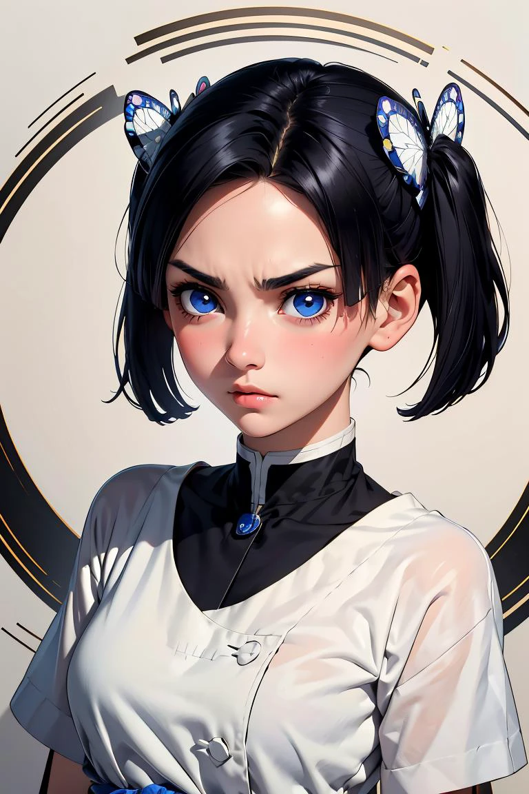(masterpiece, best quality), 1girl, <lora:LoRA_Aoi:1> AoiDef, breasts, blush, short hair, bangs, blue eyes, black hair, hair ornament, twintails, v-shaped eyebrows, parted bangs, frown, bright pupils, white pupils, butterfly hair ornament,