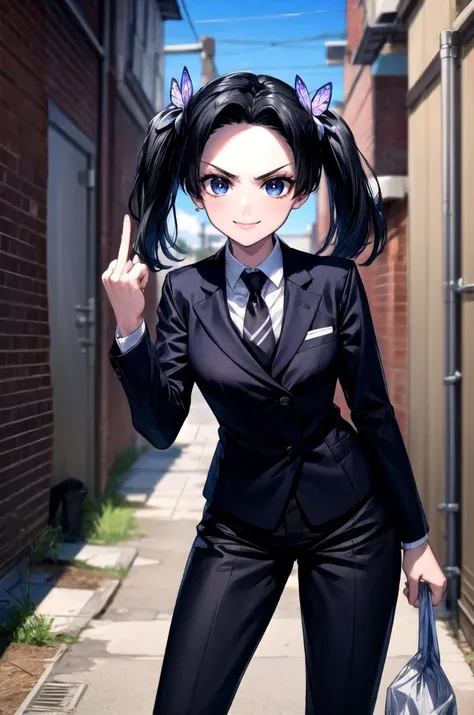 (masterpiece, best quality, detailed), 1girl, solo, looking at viewer, AoiDef, breasts, short hair, bangs, blue eyes, black hair, hair ornament, twintails, v-shaped eyebrows, parted bangs, bright pupils, white pupils, butterfly hair ornament,
pant suit, suit, formal, black suit, black pants, necktie, white shirt, sunglasses, <lora:alley:1>, alleyway, industrial pipe, building, urban, power lines, cloudy sky, sign, dark, night, trash can, puddle, <lora:midfinger-left-v2-wasabiya:1>, middle finger, smile, closed mouth, smug