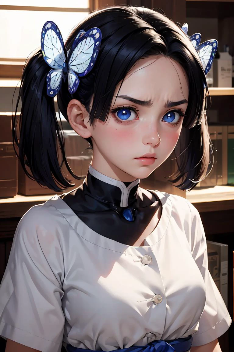 (masterpiece, best quality), 1girl, <lora:LoRA_Aoi:1> AoiDef, breasts, blush, short hair, bangs, blue eyes, black hair, hair ornament, twintails, v-shaped eyebrows, parted bangs, frown, bright pupils, white pupils, butterfly hair ornament,