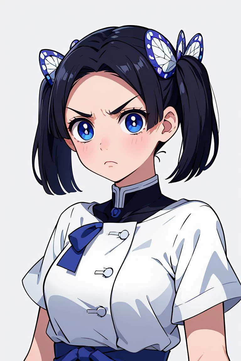 (masterpiece, best quality), 1girl, <lora:LoRA_Aoi:1> AoiDef, breasts, blush, short hair, bangs, blue eyes, black hair, hair ornament, twintails, v-shaped eyebrows, parted bangs, frown, bright pupils, white pupils, butterfly hair ornament,