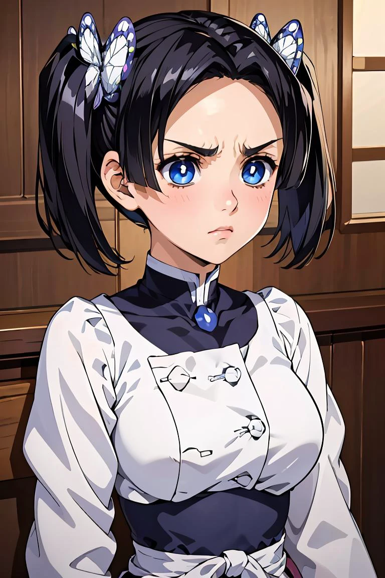 (masterpiece, best quality), 1girl, <lora:LoRA_Aoi:1> AoiDef, breasts, blush, short hair, bangs, blue eyes, black hair, hair ornament, twintails, v-shaped eyebrows, parted bangs, frown, bright pupils, white pupils, butterfly hair ornament,