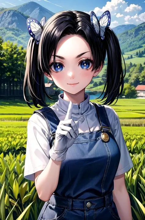 (masterpiece, best quality, detailed), 1girl, solo, looking at viewer, AoiDef, breasts, short hair, bangs, blue eyes, black hair, hair ornament, twintails, v-shaped eyebrows, parted bangs, bright pupils, white pupils, butterfly hair ornament,
overalls, short sleeves, white gloves, striped shirt, rice paddy, rural, mud, power lines, scenery, hill, mountainous horizon, house, peace sign, smile, closed mouth