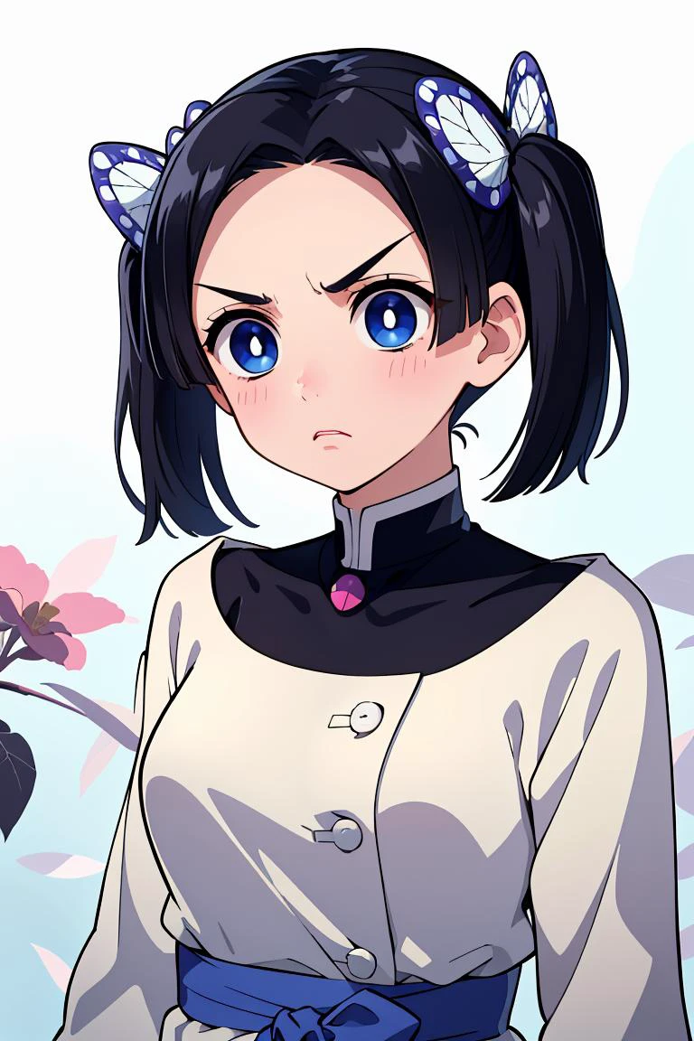 (masterpiece, best quality), 1girl, <lora:LoRA_Aoi:1> AoiDef, breasts, blush, short hair, bangs, blue eyes, black hair, hair ornament, twintails, v-shaped eyebrows, parted bangs, frown, bright pupils, white pupils, butterfly hair ornament,