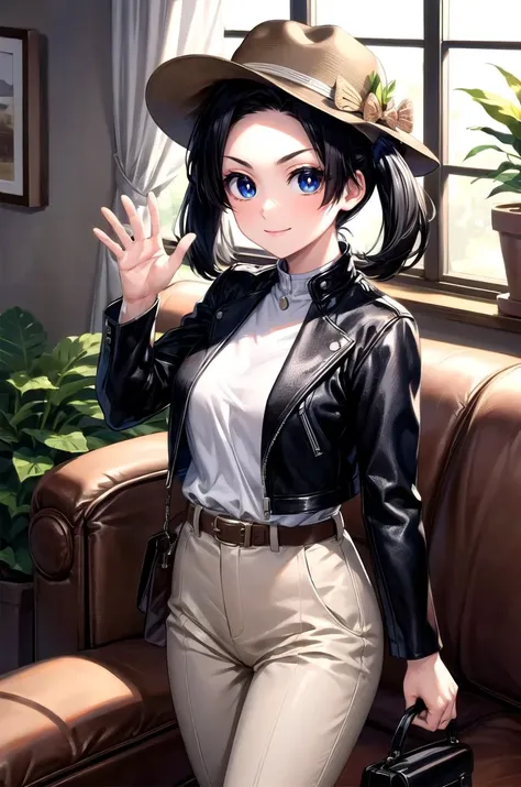(masterpiece, best quality, detailed), 1girl, solo, looking at viewer, AoiDef, breasts, short hair, bangs, blue eyes, black hair, hair ornament, twintails, v-shaped eyebrows, parted bangs, bright pupils, white pupils, butterfly hair ornament, 
fedora, brown headwear, brown pants, black belt, cowboy hat, brown jacket, leather jacket, indiana jones, white shirt, satchel, indoors, couch, pillow, window, curtains, potted plant, waving, hand up, arm up, walking, smile, closed mouth