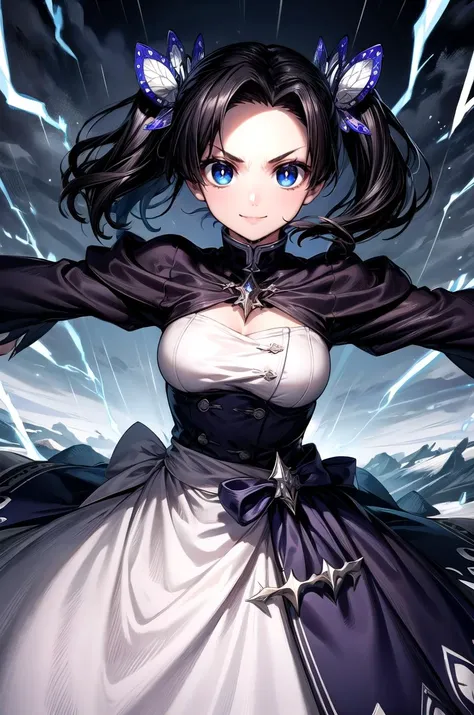 (masterpiece, best quality, detailed), 1girl, solo, looking at viewer, AoiDef, breasts, short hair, bangs, blue eyes, black hair, hair ornament, twintails, v-shaped eyebrows, parted bangs, bright pupils, white pupils, butterfly hair ornament,
<lora:edgBlackMage:0.7>, edgBlkMage, wearing edgBlkMage, outdoors, lightning, rain, cloudy sky, wet, storm, wind, spread arms, outstretched arms, evil smile, v-shaped eyebrows