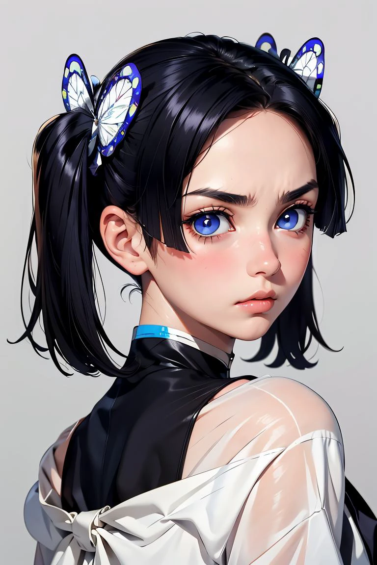 (masterpiece, best quality), 1girl, <lora:LoRA_Aoi:1> AoiDef, breasts, blush, short hair, bangs, blue eyes, black hair, hair ornament, twintails, v-shaped eyebrows, parted bangs, frown, bright pupils, white pupils, butterfly hair ornament,