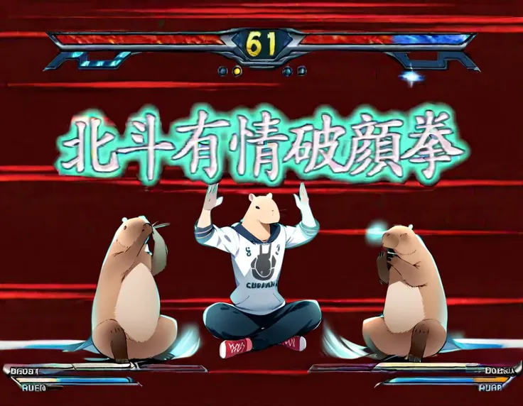 no human,original, <lora:capybara:1> capybara,
<lora:hokutoujouhagankenXL1:1>hokutoujouhaganken,gameplay mechanics,fighting game,character name,(logo:1.4),sitting,indian style,(arms up:0.5),simple background,full body,
masterpiece, best quality, very aesthetic, absurdres,