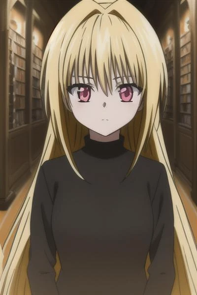 1girl, blond hair, pink eyes, very long hair, black dress, (solo:1.2),  <lora:eve-08v2:0.8>, long sleeve, ((masterpiece)), (best quality), eve, standing, looking a viewer, (upper body), library, indoors, female focus,  OverallDetail, turtle neck