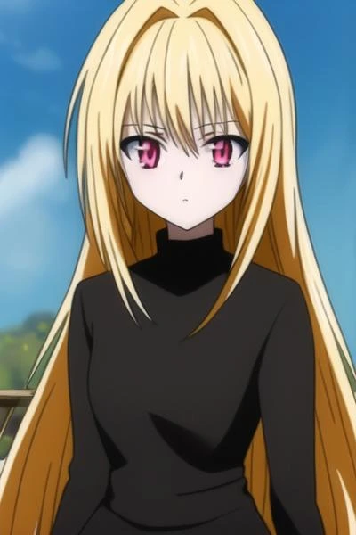1girl, blond hair, pink eyes, very long hair, black dress, (solo:1.2), <lora:eve-08v2:0.8>, long sleeve, ((masterpiece)), (best quality), eve, standing, looking a viewer, upper body