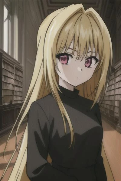 1girl, blond hair, pink eyes, very long hair, black dress, (solo:1.2), <lora:eve-08v2:0.8>, long sleeve, ((masterpiece)), (best quality), eve, standing, looking a viewer, (upper body), library, indoors, female focus