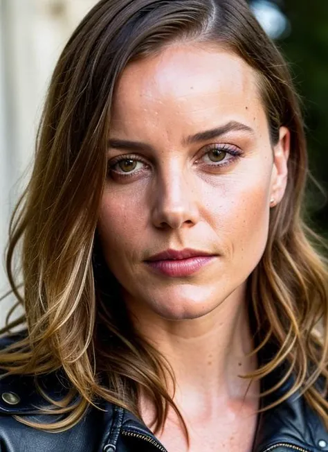 A stunning intricate color close up portrait of (sks woman:1) , wearing Leather jacket and skinny jeans, epic character composition, sharp focus, natural lighting, subsurface scattering, f2, 35mm, film grain, , by Edward Weston, <lora:locon_abbiecornish_v1_from_v1_64_32:1>