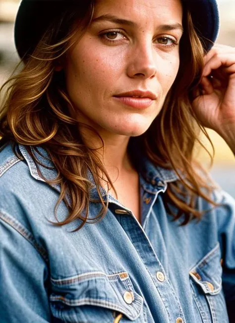 A stunning intricate color close up portrait of (sks woman:1) , wearing Flannel shirt and jeans, epic character composition, sharp focus, natural lighting, subsurface scattering, f2, 35mm, film grain, , by Dorothea Lange, <lora:locon_abbiecornish_v1_from_v1_64_32:1>