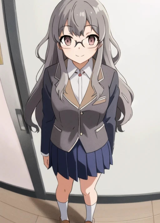 <lora:futaba:0.6>,futaba rio, (glasses),gray hair,highres,(masterpiece_1.0),(best quality_1.0),standing, school uniform, white background, looking at viewer ,smiling,legs,(full body),perspective from front
