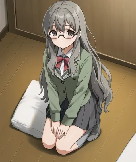 <lora:futaba:0.4>,futaba rio,glasses,(gray hair),very detailed ,highres,(masterpiece_1.0),(best quality_1.0),(seiza),(body in frame),((on knees)),((kneeling)),pov, kneesocks, perspective from above,
