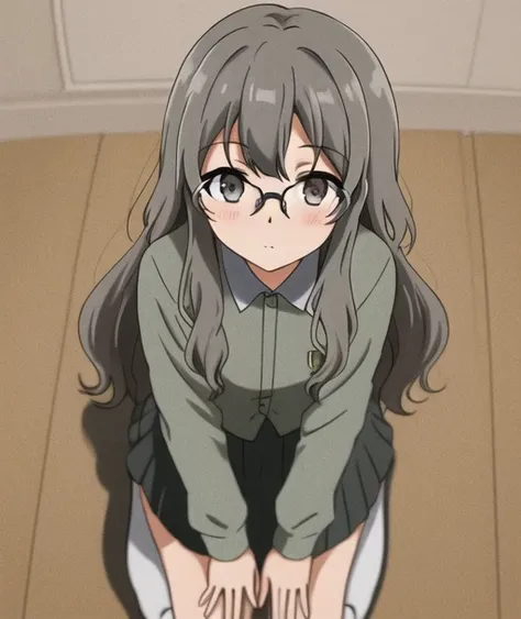 <lora:futaba:0.5>,futaba rio,glasses,(gray hair),very detailed ,highres,(masterpiece_1.0),(best quality_1.0),(seiza),(body in frame),((on knees)),((kneeling)),pov, kneesocks, perspective from above,
