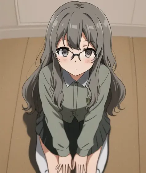 <lora:futaba:0.5>,futaba rio,glasses,(gray hair),very detailed ,highres,(masterpiece_1.0),(best quality_1.0),(seiza),(body in frame),((on knees)),((kneeling)),pov, kneesocks, perspective from above,