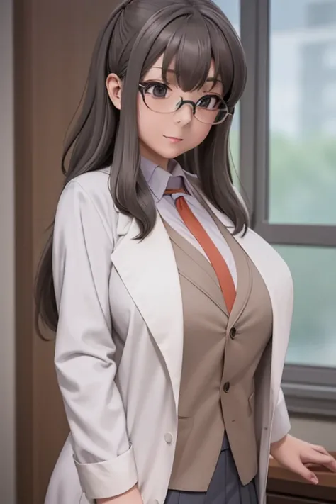 masterpiece, best quality, highres, futaba rio, (glasses),gray hair,lab coat,, huge breast, school uniform, lab, , <lora:futabaRioLora_1:0.6>