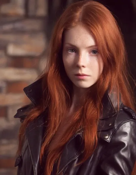 a fashion creation from the front with atmospheric lighting, captured by Warwick Saint; it is showcased a french, adult, and tender girl, having a ginger-haired ponytail and a cute face; wearing a long winter leather coat with detailed textures; lounging around amidst a wine warehouse. <lora:AnalukXL8:1>
