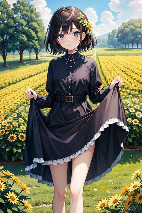 masterpiece, best quality, extremely detailed, detailed background, 1girl, cute, skirt lift, looking at viewer, outdoor, bokeh, butterfly, leaf, flower, flower field, cloudy sky, day, summer, dress,