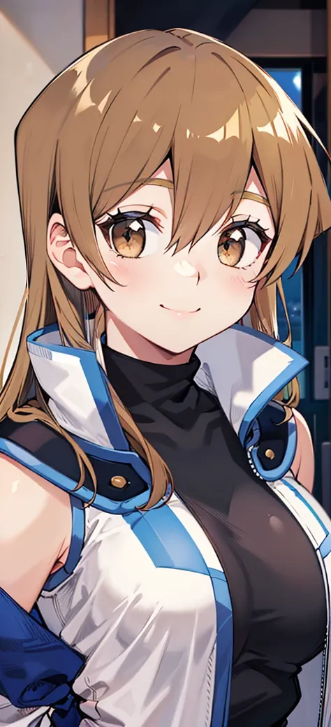 masterpiece, best quality, highres, ta1, (turtleneck:1.2), black shirt, white jacket, large breasts, (open jacket:1-5), open clothes, smile, sleeveless, brown eyes, long hair, closed mouth, winter, indoors, upper body, portrait,  <lora:tenjouin_asuka_v1:0.8>
