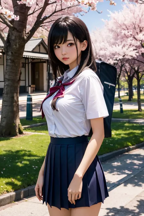 masterpiece, best quality, high resolution, extremely detailed, detailed background, cinematic lighting, high quality shadow, photoreaslistic, 1girl, cute, medium breasts, school uniform, skirtlift, public indecency, looking at viewer, buildings, outdoor, cherry blossoms, bokeh, bloom lighting