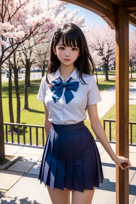 masterpiece, best quality, high resolution, extremely detailed, detailed background, cinematic lighting, high quality shadow, photoreaslistic, 1girl, cute, medium breasts, school uniform, skirtlift, public indecency, looking at viewer, buildings, outdoor, cherry blossoms, bokeh, bloom lighting