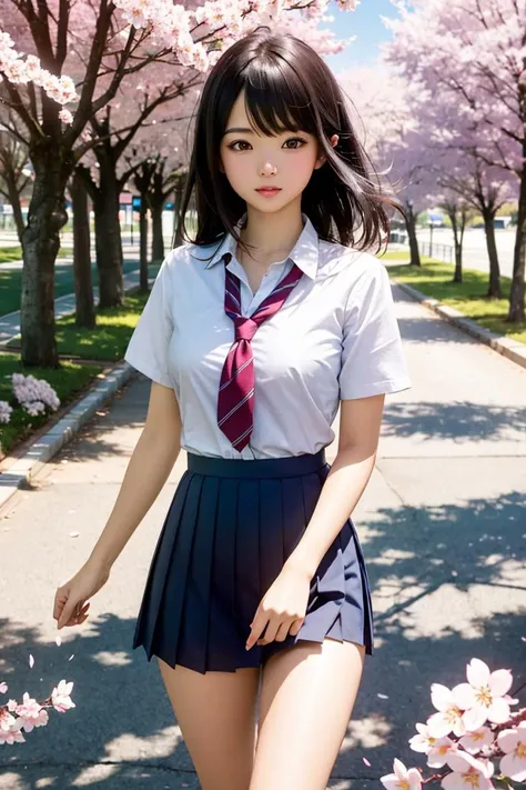 masterpiece, best quality, high resolution, extremely detailed, detailed background, cinematic lighting, high quality shadow, photoreaslistic, 1girl, cute, medium breasts, school uniform, skirtlift, public indecency, looking at viewer, buildings, outdoor, cherry blossoms, bokeh, bloom lighting