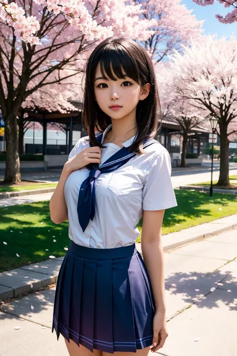 masterpiece, best quality, high resolution, extremely detailed, detailed background, cinematic lighting, high quality shadow, photoreaslistic, 1girl, cute, medium breasts, school uniform, skirtlift, public indecency, looking at viewer, buildings, outdoor, cherry blossoms, bokeh, bloom lighting