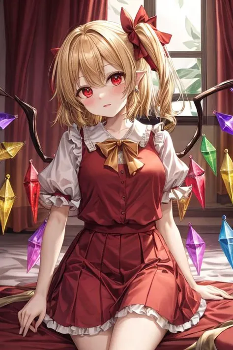 (masterpiece),best quality, expressive eyes, perfect face, 1girl,
big breast, H-cup, good breast, beautiful, gorgeous,anime,girl,lora, floating clothes, tent chest ,
 nipple visible  though clothes,flandre scarlet,
1girl,blonde hair,mob cap,hair bow,bowtie,side ponytail,wings,short sleeves,vest,ascot,1wings,1 pair of wings,W sitting, w sitting on ground, legs on ground