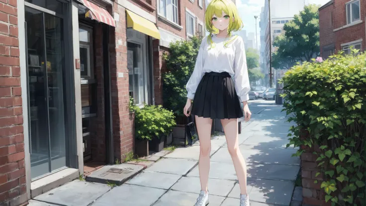 (masterpiece:1.2),best quality,perfect anatomy,extremely detailed,
BREAK
cute girl,solo,shiny skin,very long hair,small breasts,
cute eyes,(green eyes:1.3),(yellow hair:1.4),
BREAK
white shirt,black skirt,casual wear,
BREAK
garden,flower,shop,city,street,
BREAK
looking at viewer,character focus,dynamic pose,full body,
BREAK