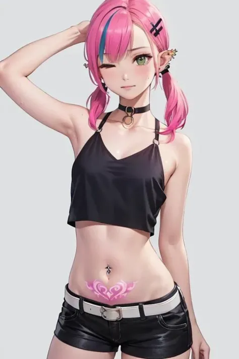 (8k, RAW photo, realistic, photo-realistic:1.5), masterpiece, best quality, high resolution, extremely detailed, detailed background, cinematic lighting, pubic tattoo, glowing tattoo, 1girl, long hair, purple hair, pink hair, twintails, small breasts, green eyes, shorts, navel, tattoo, navel piercing, one eye closed, blush, piercing, black shorts, multicolored hair, hairclip, hair ornament, choker, black choker, crop top, midriff, thigh strap, nail polish, heart tattoo, o-ring choker, short shorts, sweat, ear piercing, sidelocks, pink nails, streaked hair, heart, cowboy shot, grey background, closed mouth, bare shoulders, pointy ears, bangs, collarbone, bare arms, stomach, belt, o-ring, yellow nails, heavy breathing, black tank top, breath, two-tone hair, colored inner hair, <lora:GlowingPubicTattoo:1>, heart tattoo,